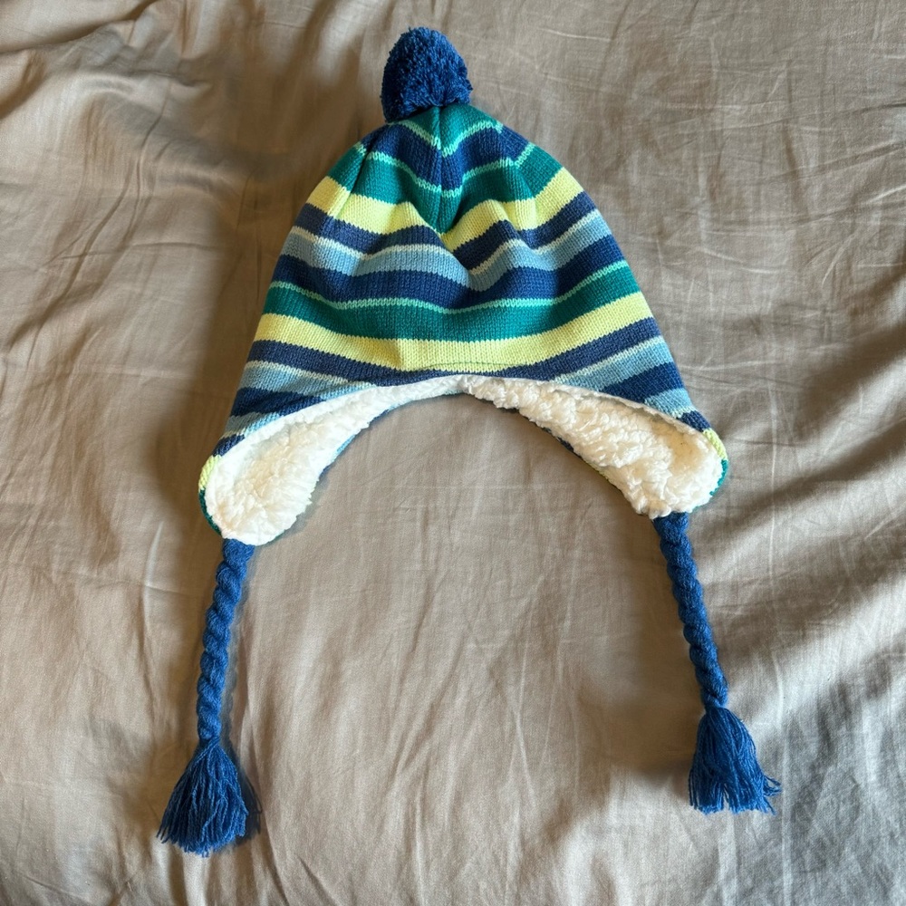NWT Land’s End Peruvian Trapper Winter Hat Size XS/S Blue Green Stripes Fleece - Picture 2 of 8